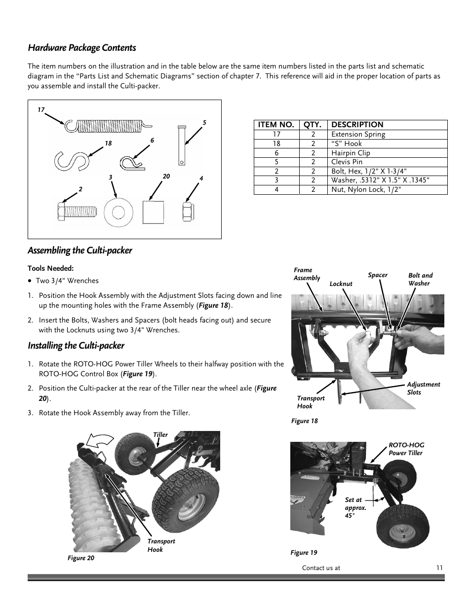 Hardware package contents, Assembling the culti-packer, Installing the culti-packer | DR Power Power Tiller Cultipacker Roto-Hog User Manual | Page 11 / 24