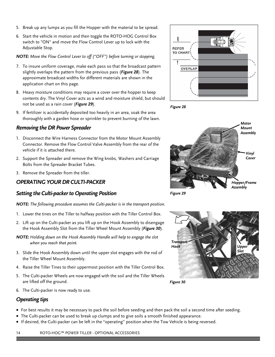 Removing the dr power spreader, Operating tips | DR Power Power Tiller Cultipacker Roto-Hog User Manual | Page 14 / 24