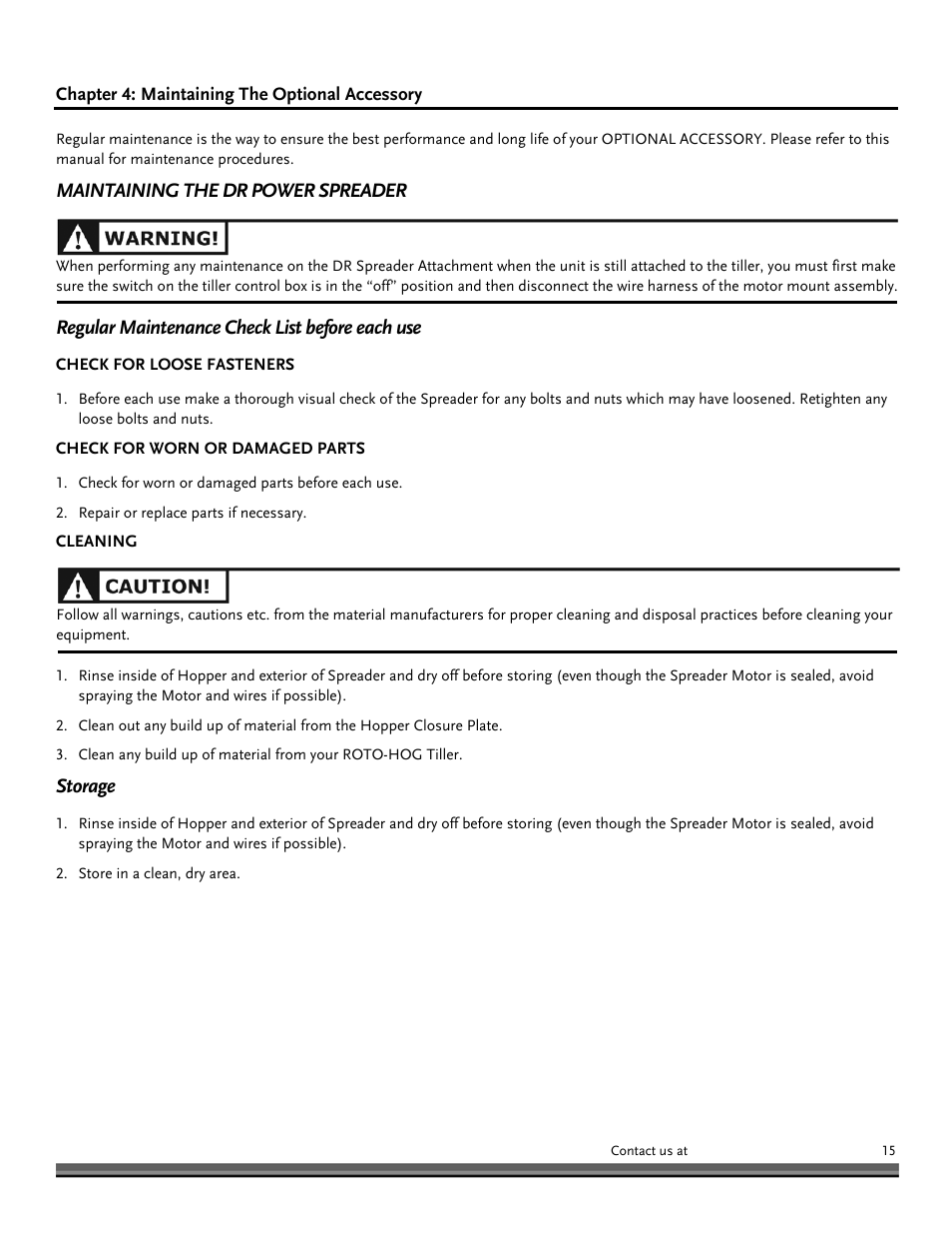 Storage | DR Power Power Tiller Cultipacker Roto-Hog User Manual | Page 15 / 24