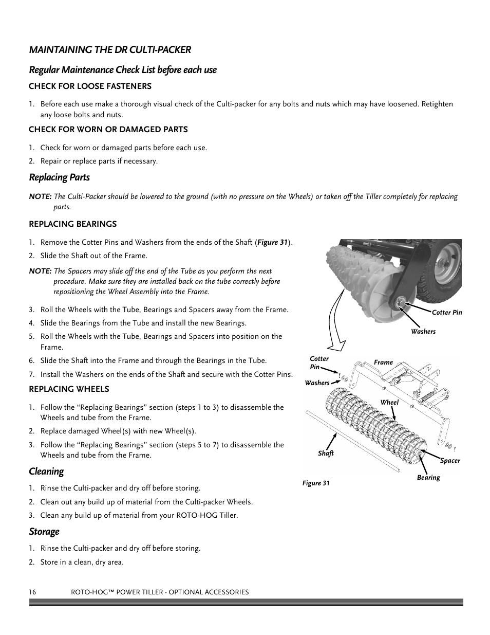 Replacing parts, Cleaning, Storage | DR Power Power Tiller Cultipacker Roto-Hog User Manual | Page 16 / 24