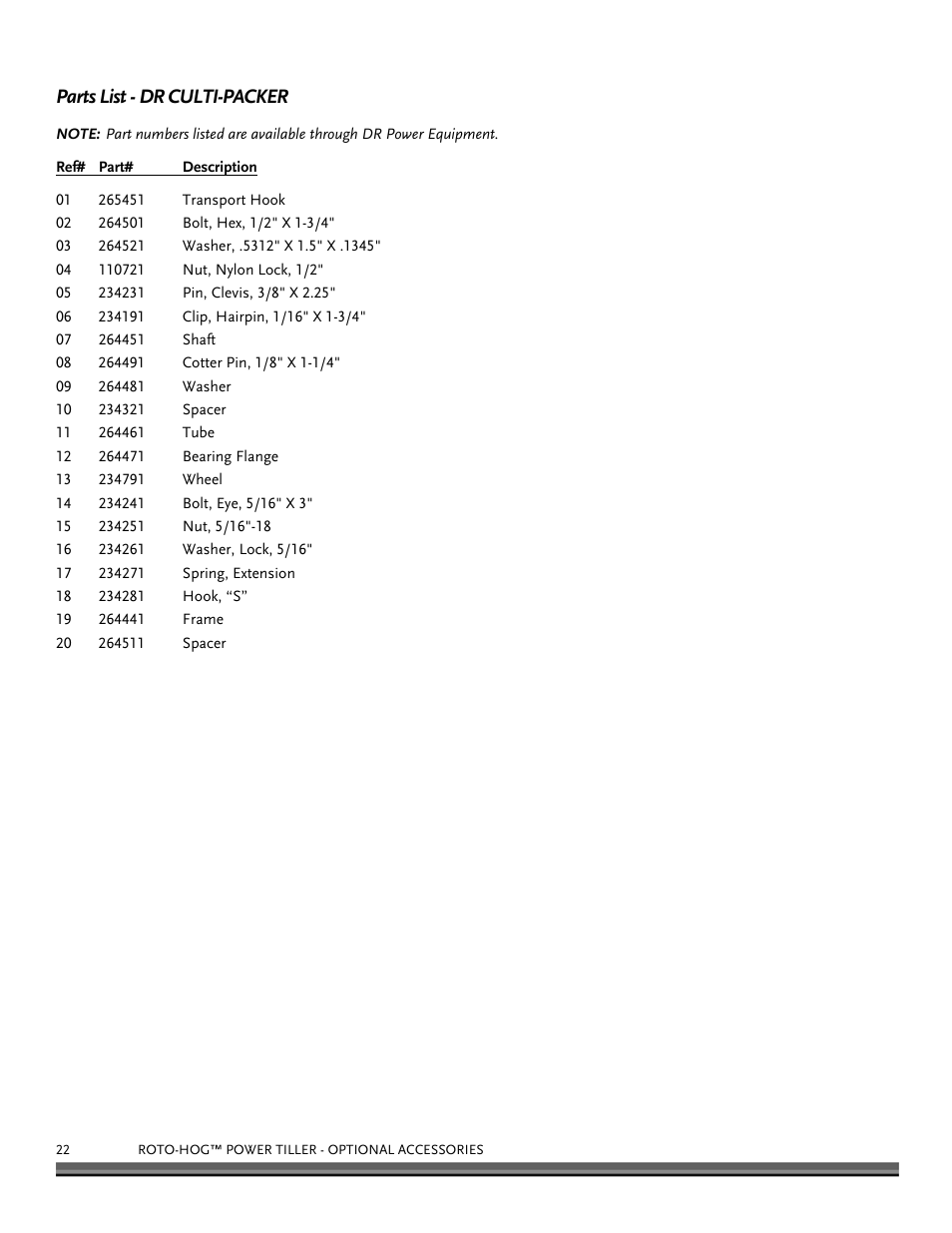 Parts list - dr culti-packer | DR Power Power Tiller Cultipacker Roto-Hog User Manual | Page 22 / 24