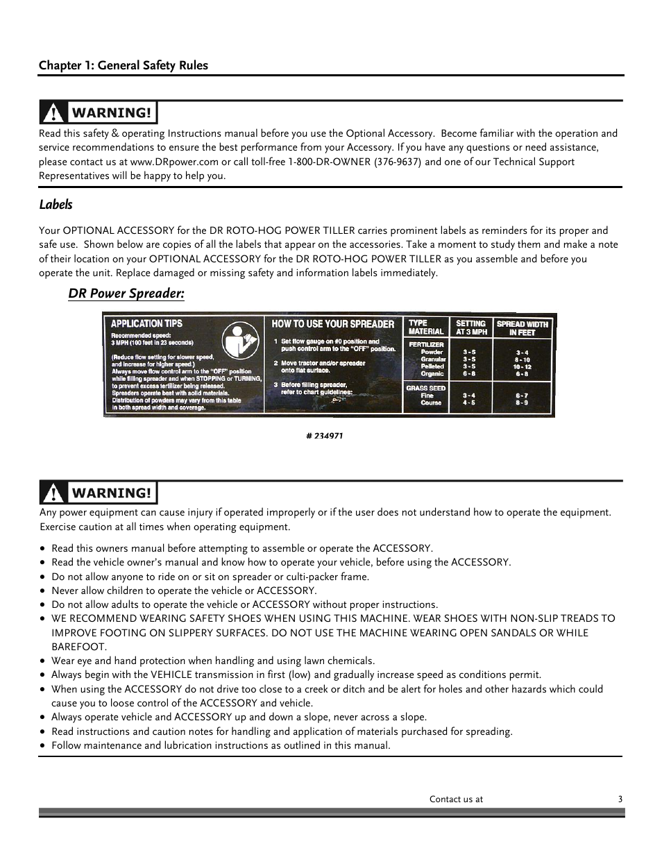 Labels, Dr power spreader | DR Power Power Tiller Cultipacker Roto-Hog User Manual | Page 3 / 24