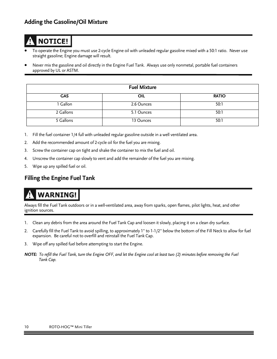 Adding the gasoline/oil mixture, Filling the engine fuel tank | DR Power Mini Tiller Roto-Hog (November 2008 - December 2014 ) User Manual | Page 10 / 28