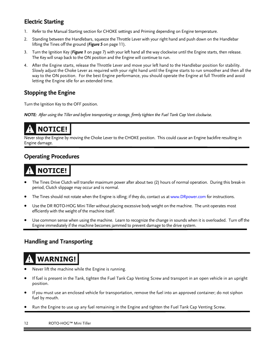 Electric starting, Stopping the engine, Operating procedures | Handling and transporting | DR Power Mini Tiller Roto-Hog (November 2008 - December 2014 ) User Manual | Page 12 / 28