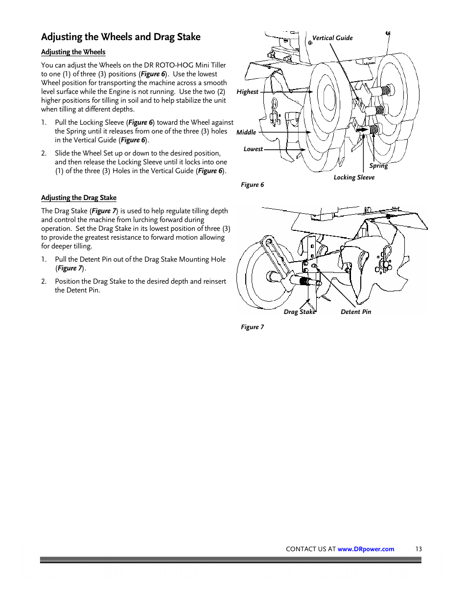 Adjusting the wheels and drag stake | DR Power Mini Tiller Roto-Hog (November 2008 - December 2014 ) User Manual | Page 13 / 28