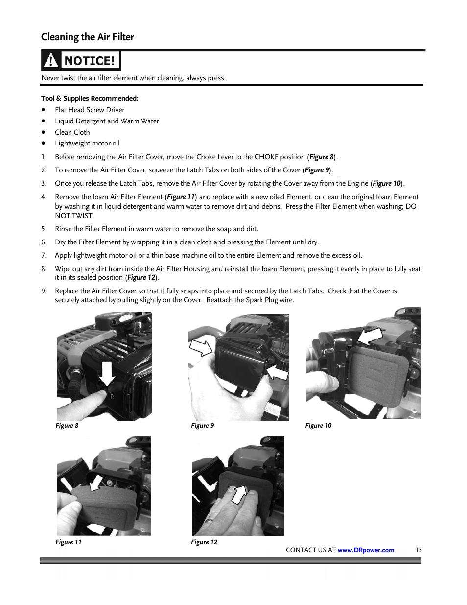 Cleaning the air filter | DR Power Mini Tiller Roto-Hog (November 2008 - December 2014 ) User Manual | Page 15 / 28