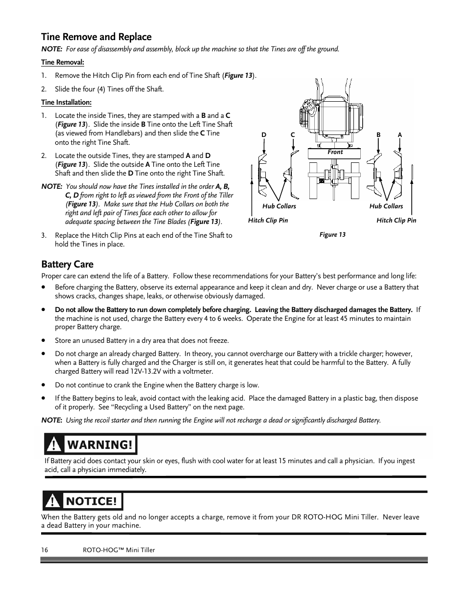 Tine remove and replace, Battery care | DR Power Mini Tiller Roto-Hog (November 2008 - December 2014 ) User Manual | Page 16 / 28