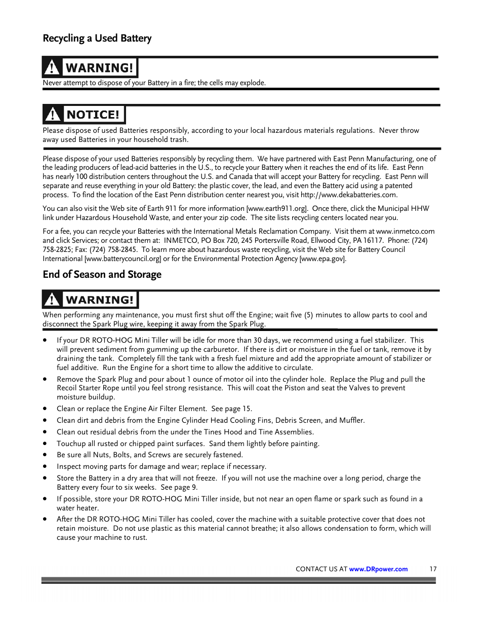 Recycling a used battery, End of season and storage | DR Power Mini Tiller Roto-Hog (November 2008 - December 2014 ) User Manual | Page 17 / 28