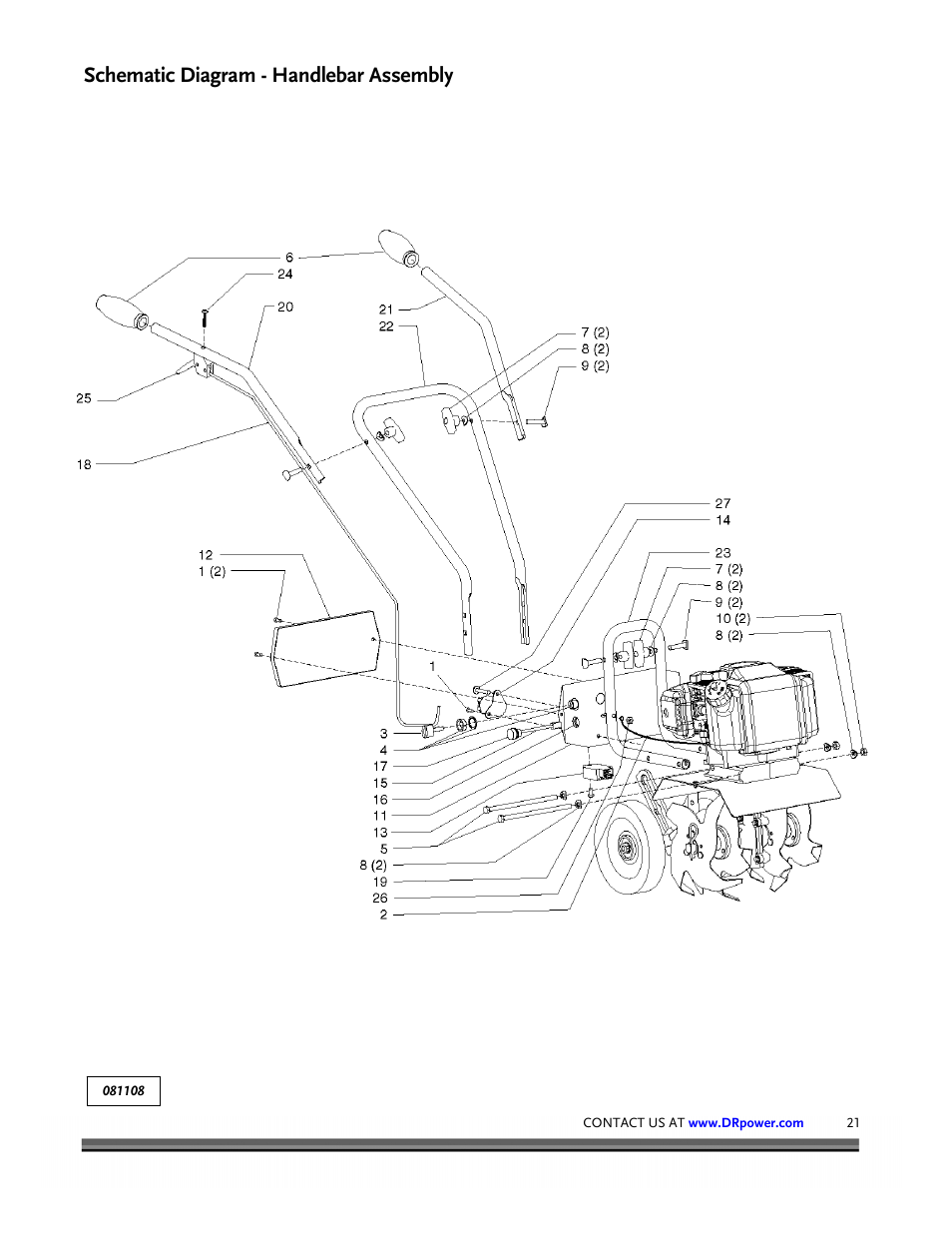 Schematic diagram - handlebar assembly | DR Power Mini Tiller Roto-Hog (November 2008 - December 2014 ) User Manual | Page 21 / 28