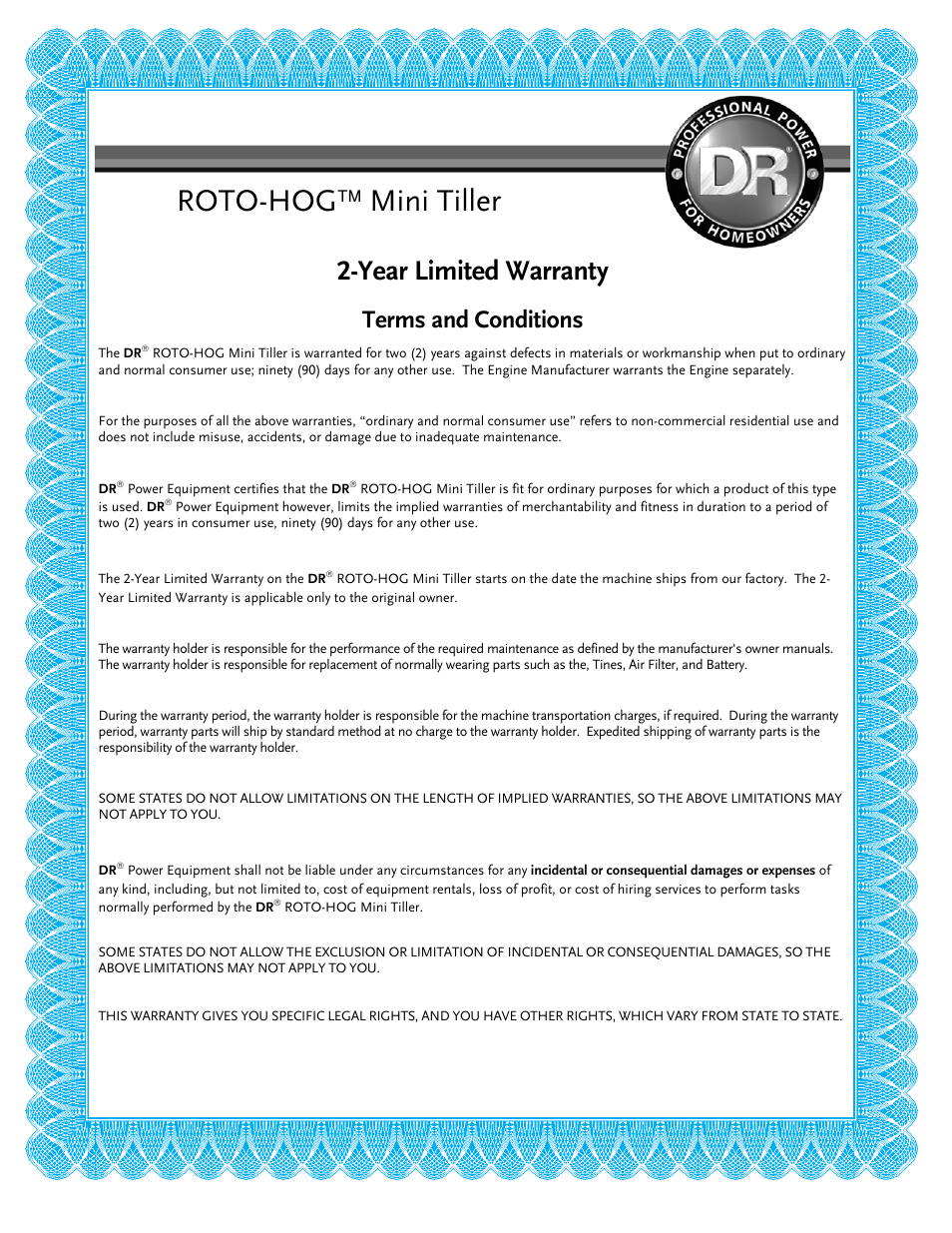 Roto-hog™ mini tiller, Year limited warranty, Warranty | Terms and conditions | DR Power Mini Tiller Roto-Hog (November 2008 - December 2014 ) User Manual | Page 27 / 28