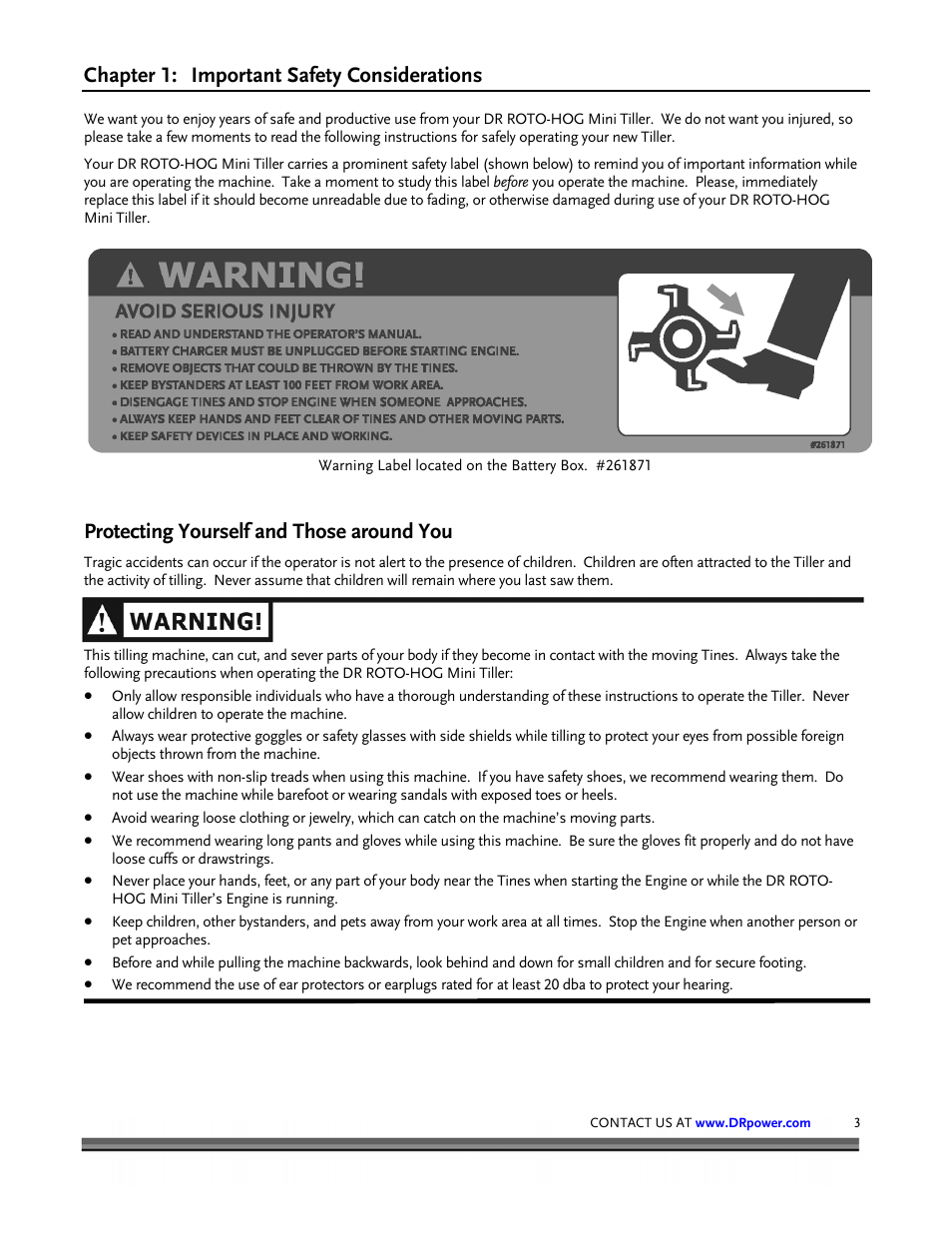 Chapter 1, Important safety considerations, Protecting yourself and those around you | DR Power Mini Tiller Roto-Hog (November 2008 - December 2014 ) User Manual | Page 3 / 28