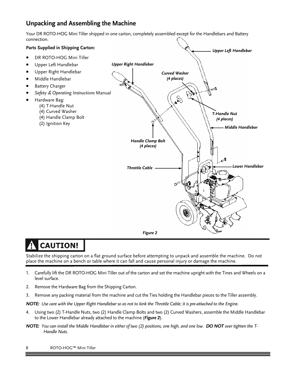 Unpacking and assembling the machine | DR Power Mini Tiller Roto-Hog (November 2008 - December 2014 ) User Manual | Page 8 / 28