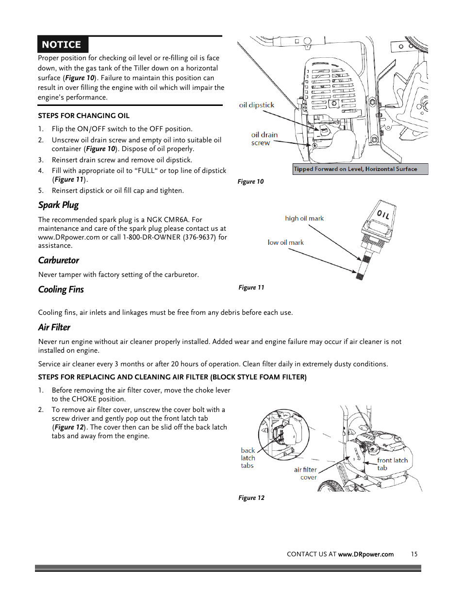 Spark plug, Carburetor, Cooling fins | Air filter | DR Power Mini Tiller Roto-Hog (January 2015 - Present) User Manual | Page 15 / 28