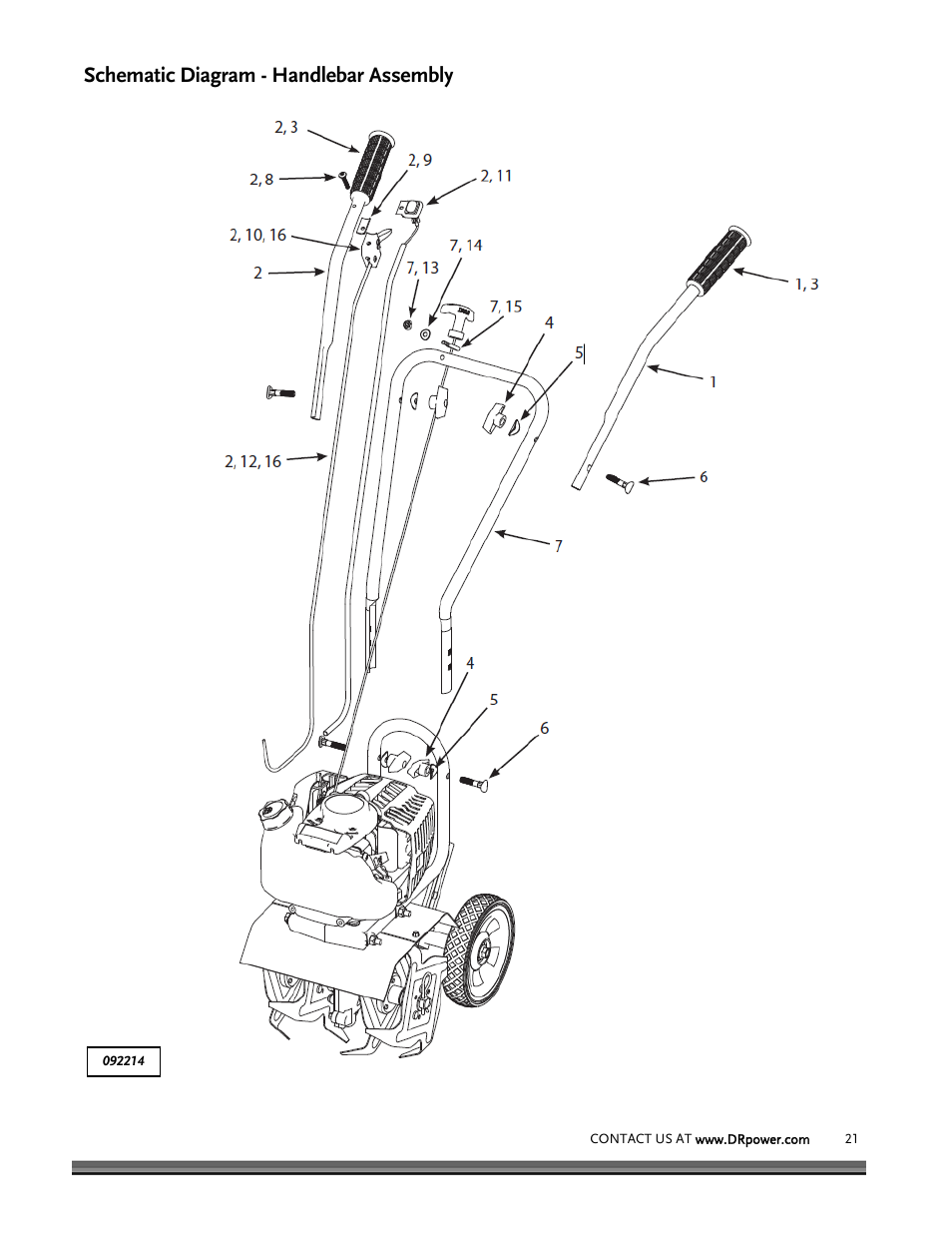 Schematic diagram - handlebar assembly | DR Power Mini Tiller Roto-Hog (January 2015 - Present) User Manual | Page 21 / 28