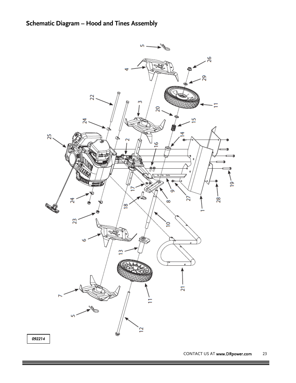 Schematic diagram – hood and tines assembly | DR Power Mini Tiller Roto-Hog (January 2015 - Present) User Manual | Page 23 / 28