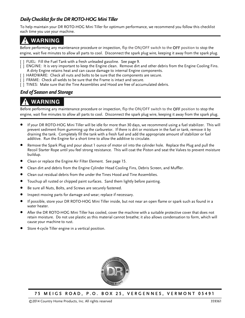 DR Power Mini Tiller Roto-Hog (January 2015 - Present) User Manual | Page 28 / 28