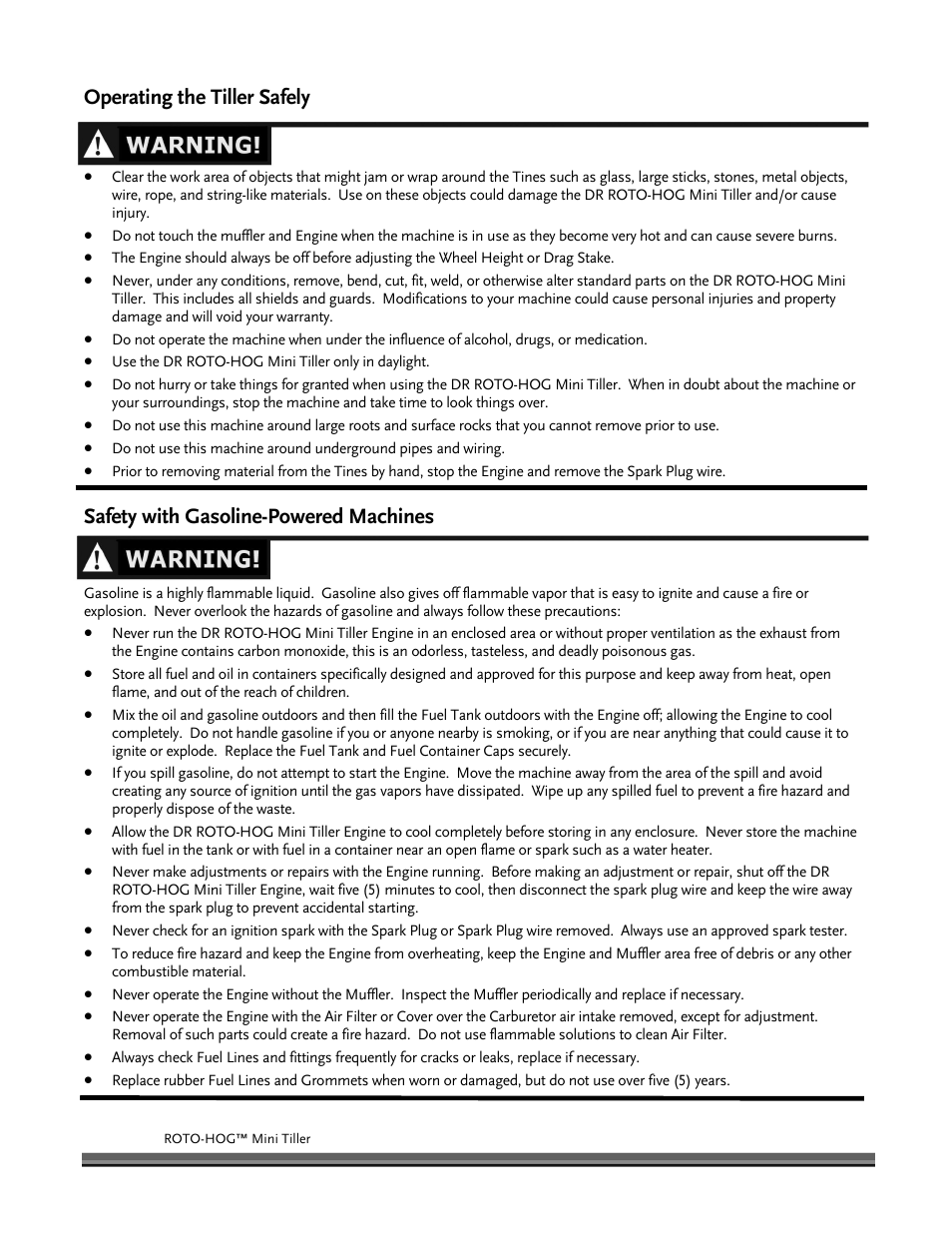 Operating the tiller safely, Safety with gasoline-powered machines | DR Power Mini Tiller Roto-Hog (January 2015 - Present) User Manual | Page 4 / 28