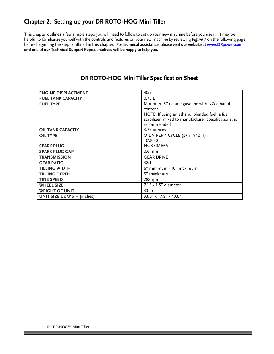 Chapter 2: setting up your dr roto-hog mini tiller, Dr roto-hog mini tiller specification sheet | DR Power Mini Tiller Roto-Hog (January 2015 - Present) User Manual | Page 6 / 28