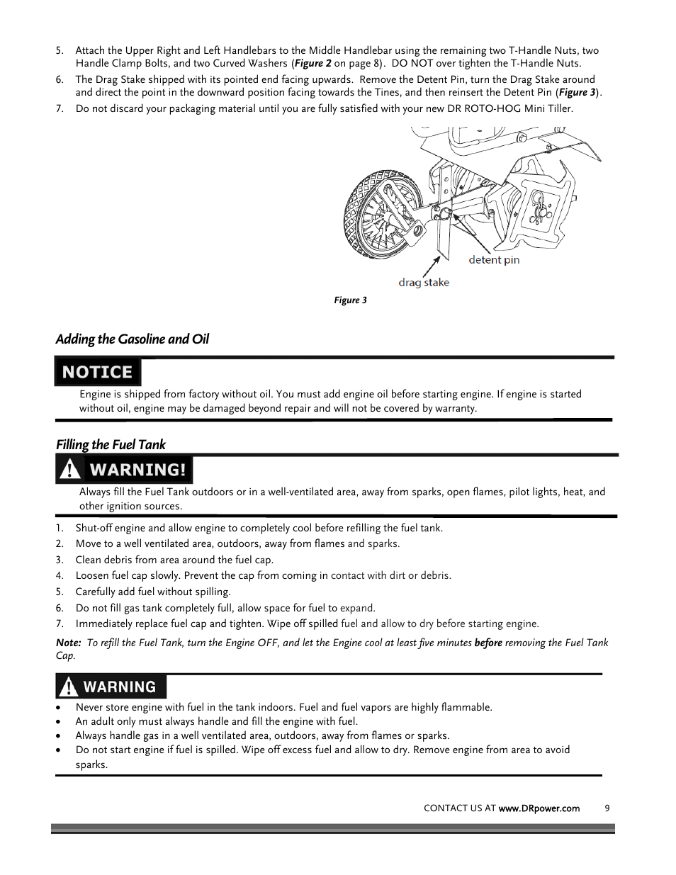 Adding the gasoline and oil, Filling the fuel tank | DR Power Mini Tiller Roto-Hog (January 2015 - Present) User Manual | Page 9 / 28