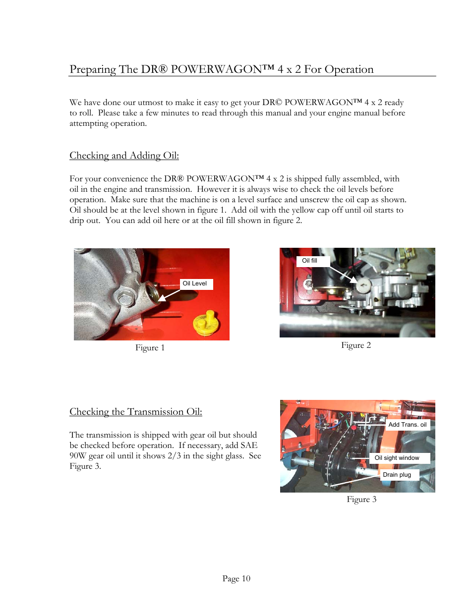 Preparing the dr® powerwagon™ 4 x 2 for operation, Checking and adding oil, Checking the transmission oil | DR Power Power Wagon 4 x 2 8hp B&S (April 2002 - March 2004) User Manual | Page 10 / 26