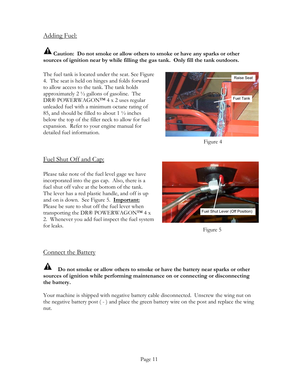 Adding fuel, Fuel shut off and cap, Connect the battery | DR Power Power Wagon 4 x 2 8hp B&S (April 2002 - March 2004) User Manual | Page 11 / 26