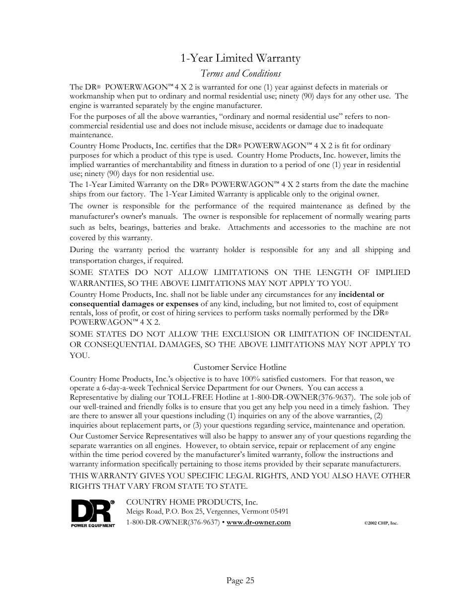 Year limited warranty, Terms and conditions | DR Power Power Wagon 4 x 2 8hp B&S (April 2002 - March 2004) User Manual | Page 25 / 26