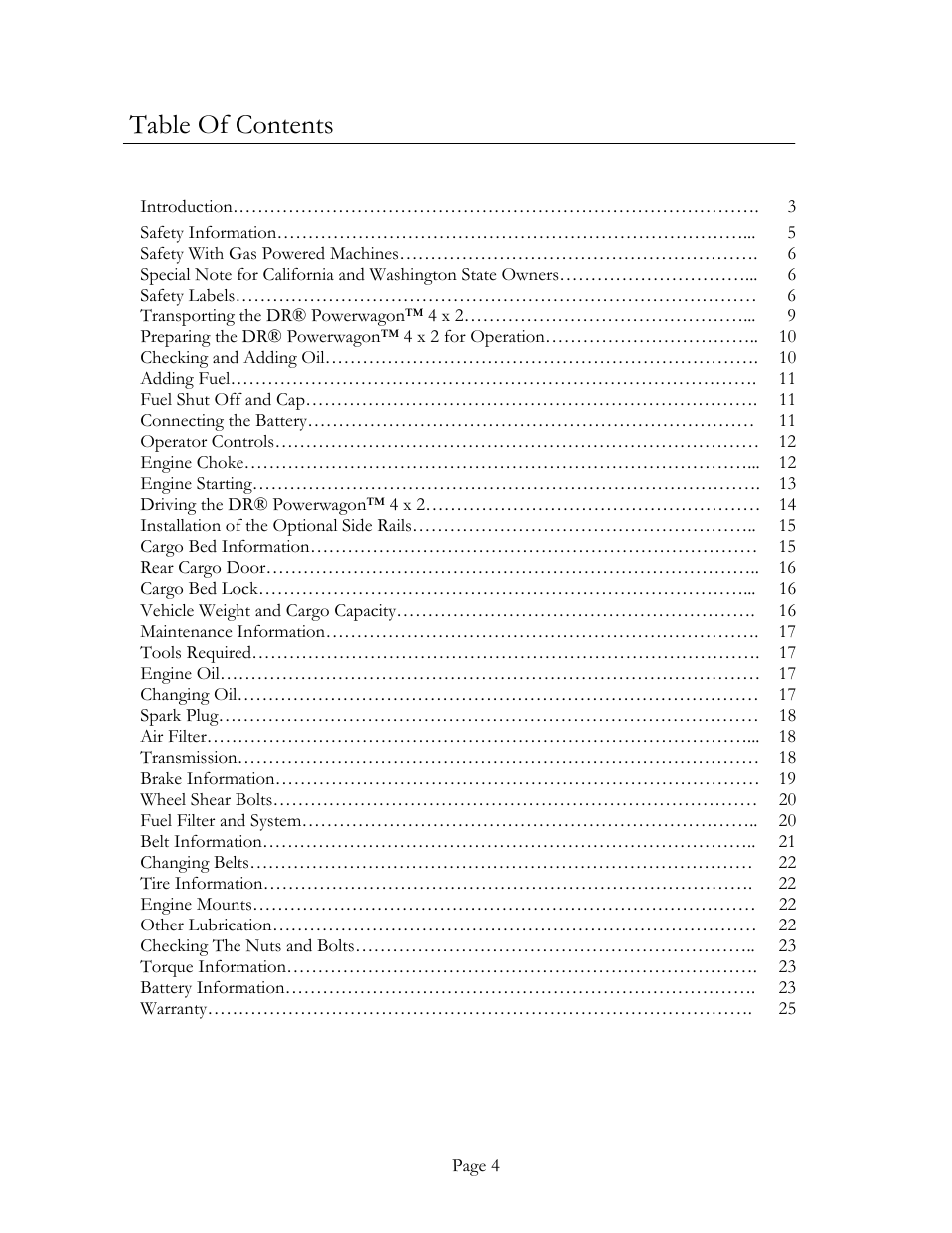 DR Power Power Wagon 4 x 2 8hp B&S (April 2002 - March 2004) User Manual | Page 4 / 26