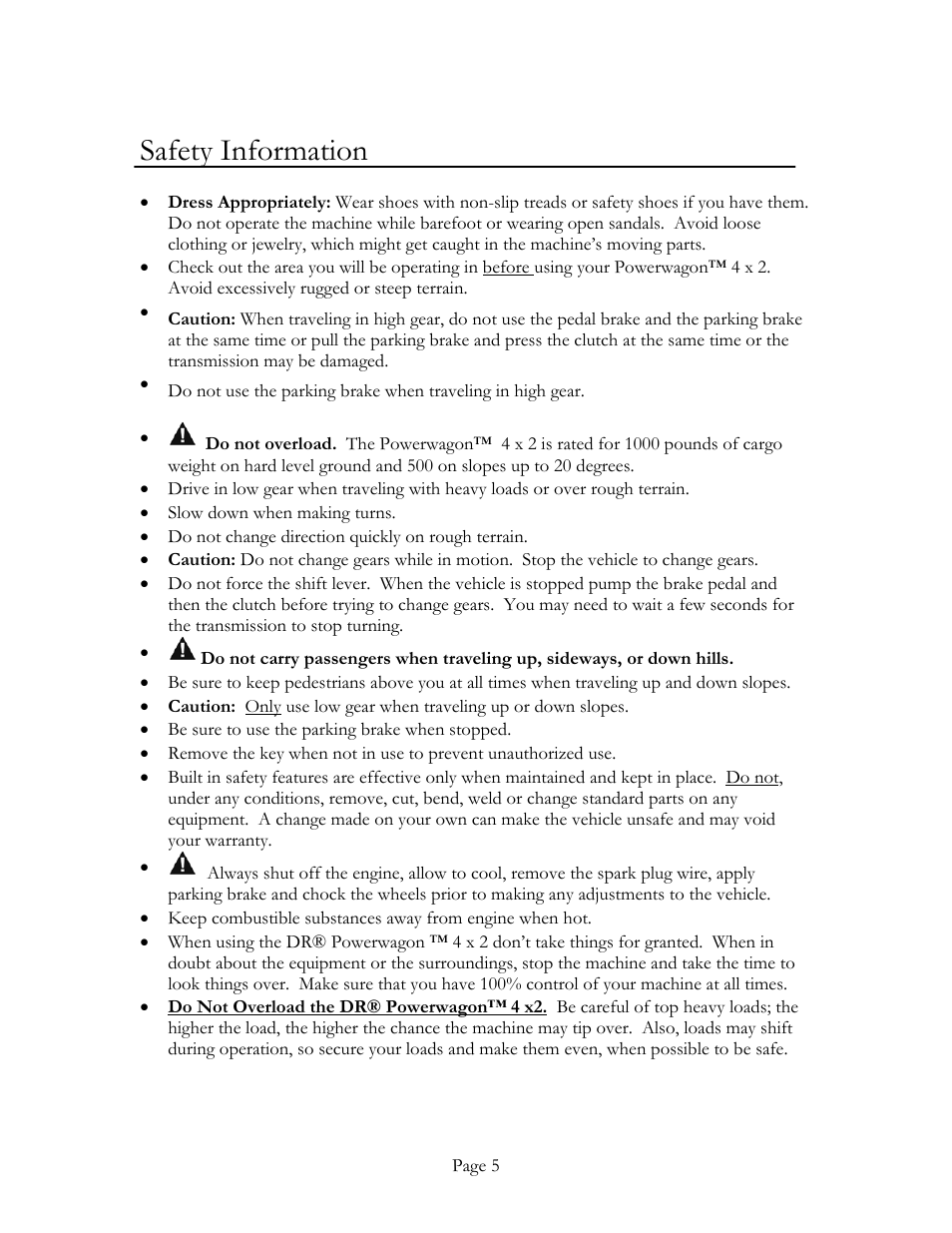 Safety information | DR Power Power Wagon 4 x 2 8hp B&S (April 2002 - March 2004) User Manual | Page 5 / 26