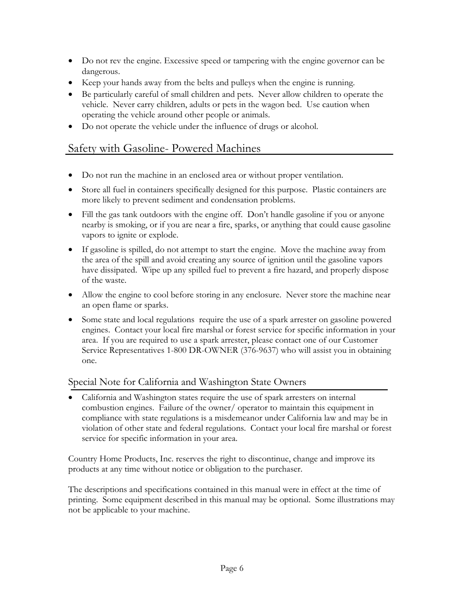 Safety with gasoline- powered machines | DR Power Power Wagon 4 x 2 8hp B&S (April 2002 - March 2004) User Manual | Page 6 / 26