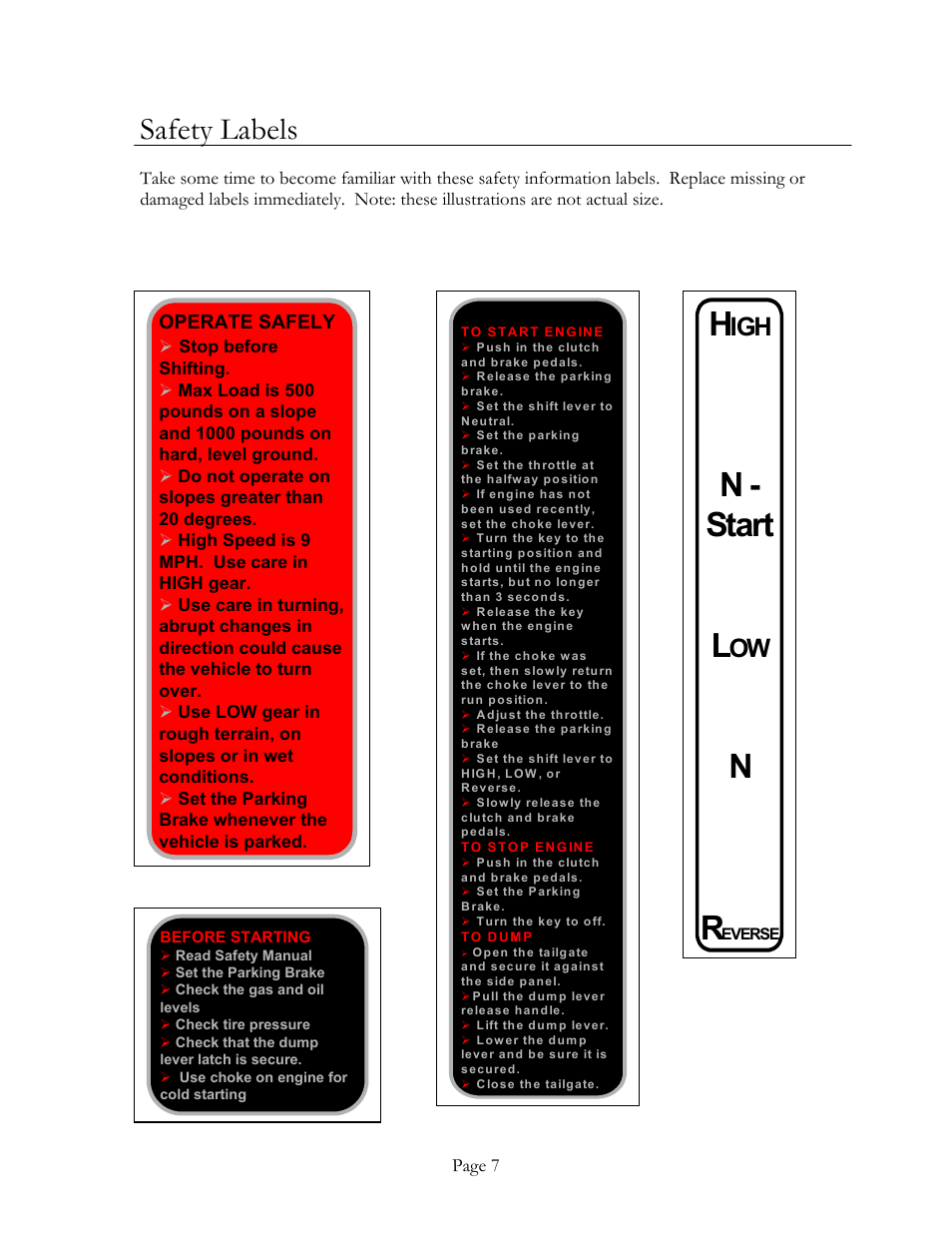 N - start l, Safety labels, Operate safely | DR Power Power Wagon 4 x 2 8hp B&S (April 2002 - March 2004) User Manual | Page 7 / 26