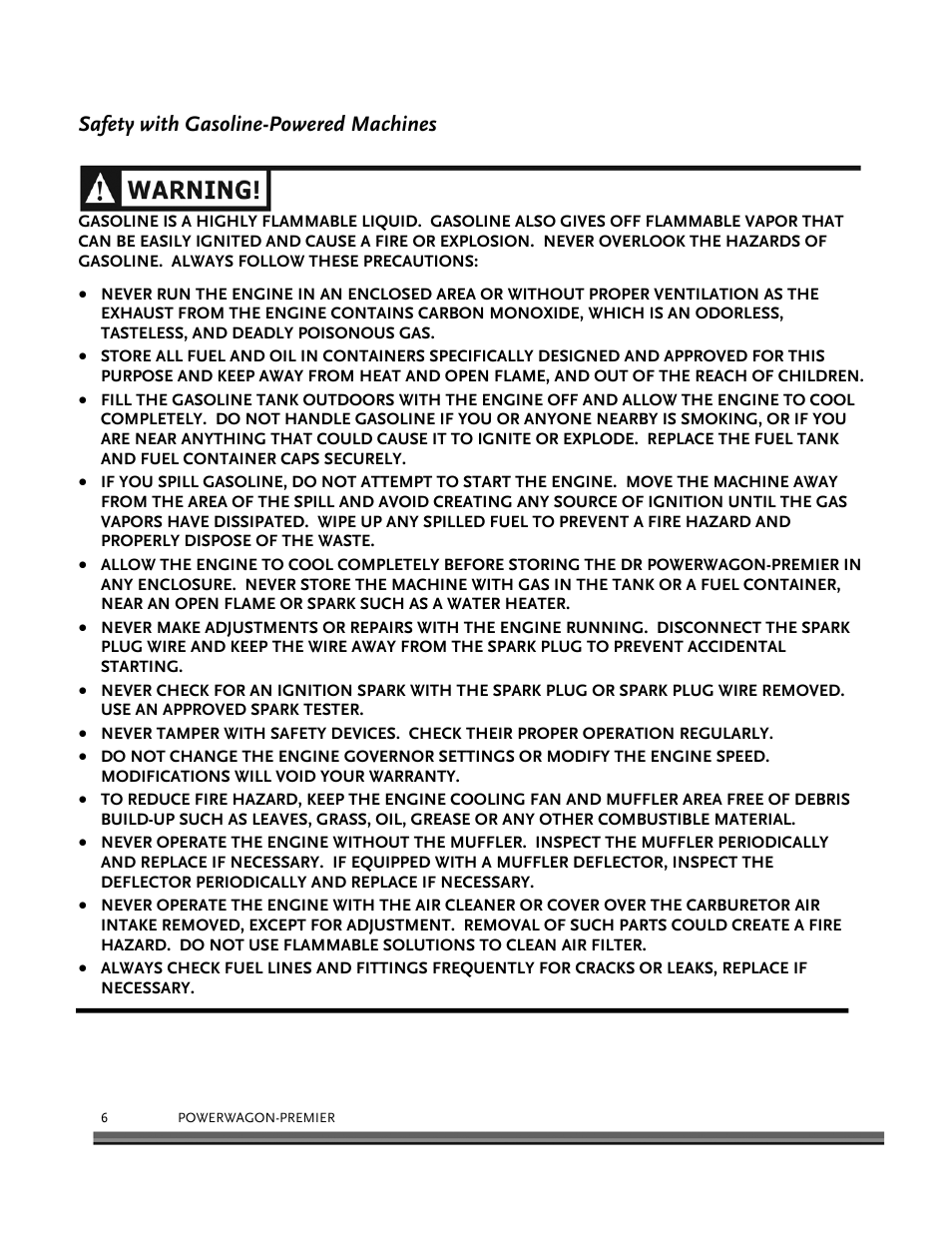 Safety with gasoline-powered machines | DR Power 6.25 Premier Power Wagon User Manual | Page 10 / 50