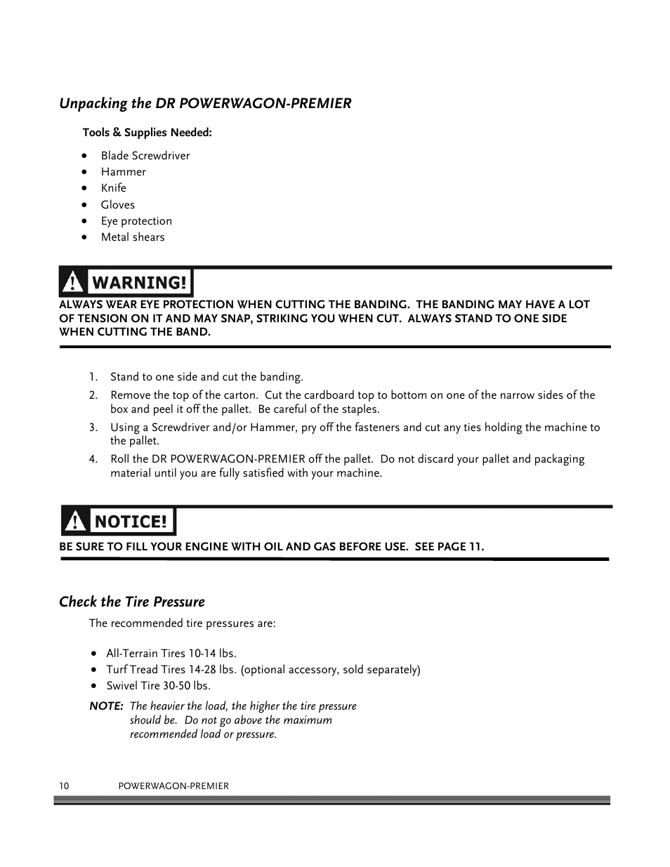 Unpacking the dr powerwagon-premier, Check the tire pressure | DR Power 6.25 Premier Power Wagon User Manual | Page 14 / 50