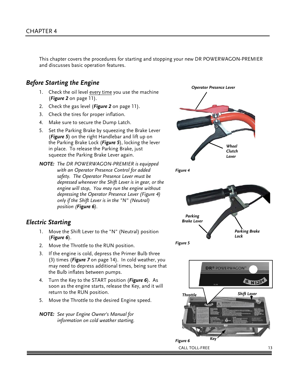 Operating your dr powerwagon-premier, Before starting the engine, Electric starting | DR Power 6.25 Premier Power Wagon User Manual | Page 17 / 50