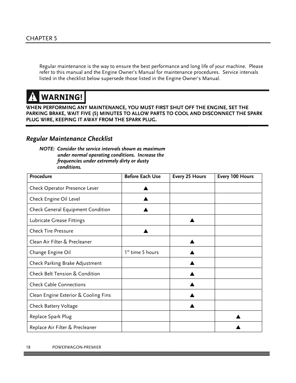 Maintaining the dr powerwagon-premier, Regular maintenance checklist | DR Power 6.25 Premier Power Wagon User Manual | Page 22 / 50