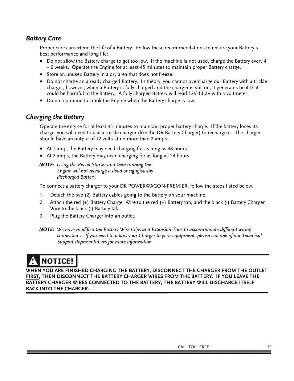 Battery care, Charging the battery | DR Power 6.25 Premier Power Wagon User Manual | Page 23 / 50