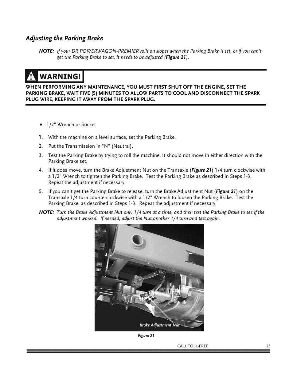 Adjusting the parking brake | DR Power 6.25 Premier Power Wagon User Manual | Page 29 / 50
