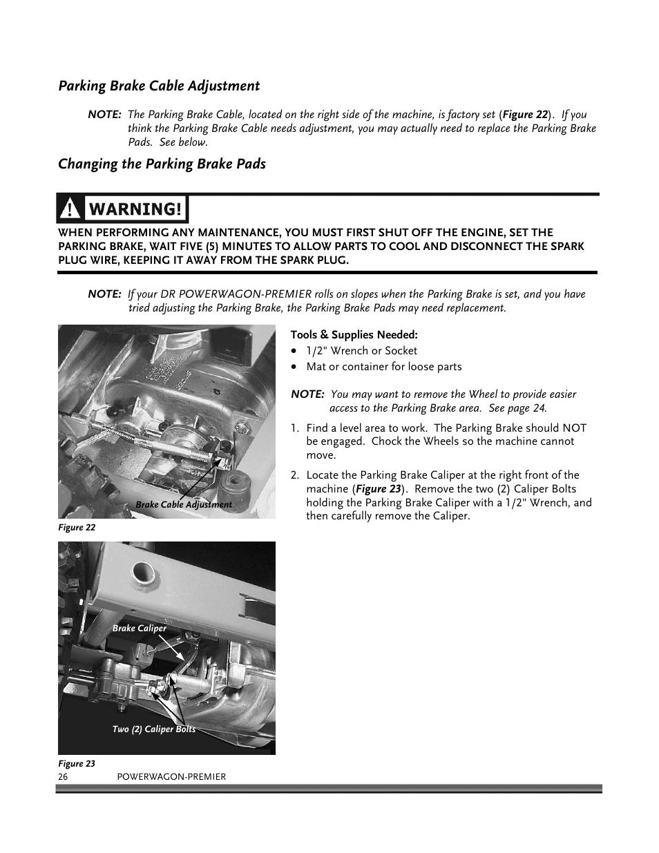 Parking brake cable adjustment, Changing the parking brake pads | DR Power 6.25 Premier Power Wagon User Manual | Page 30 / 50