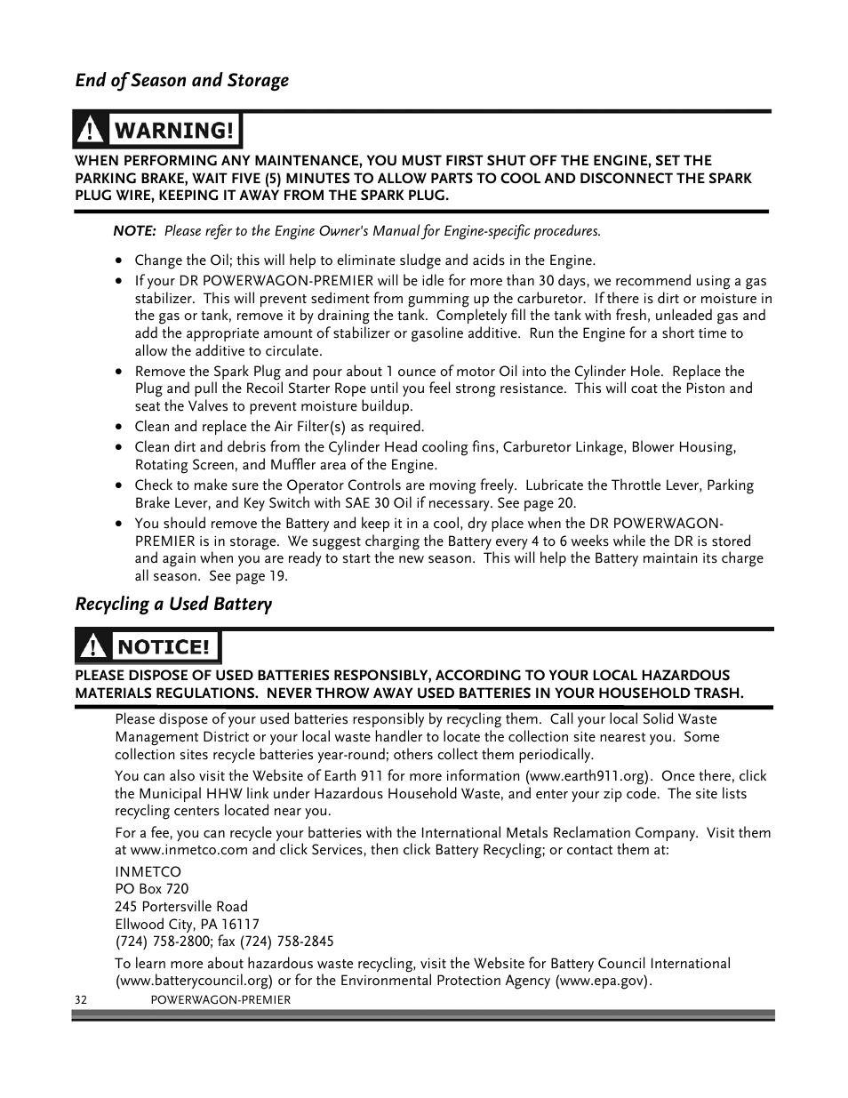 End of season and storage, Recycling a used battery | DR Power 6.25 Premier Power Wagon User Manual | Page 36 / 50