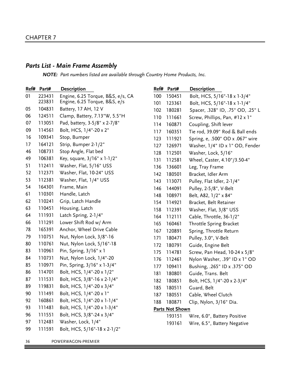 Parts lists, schematic diagrams and warranty, Parts list - main frame assembly | DR Power 6.25 Premier Power Wagon User Manual | Page 40 / 50