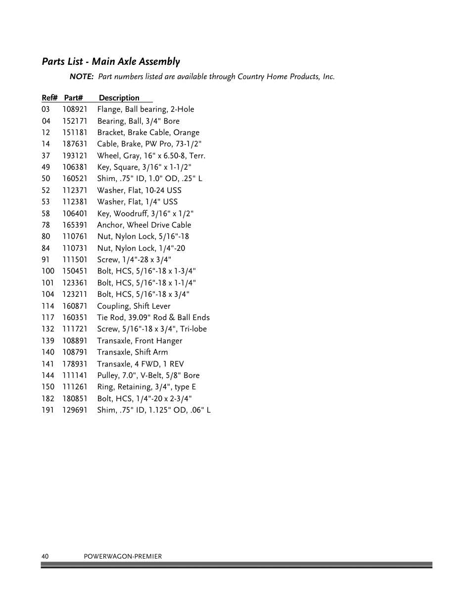 Parts list - main axle assembly | DR Power 6.25 Premier Power Wagon User Manual | Page 44 / 50