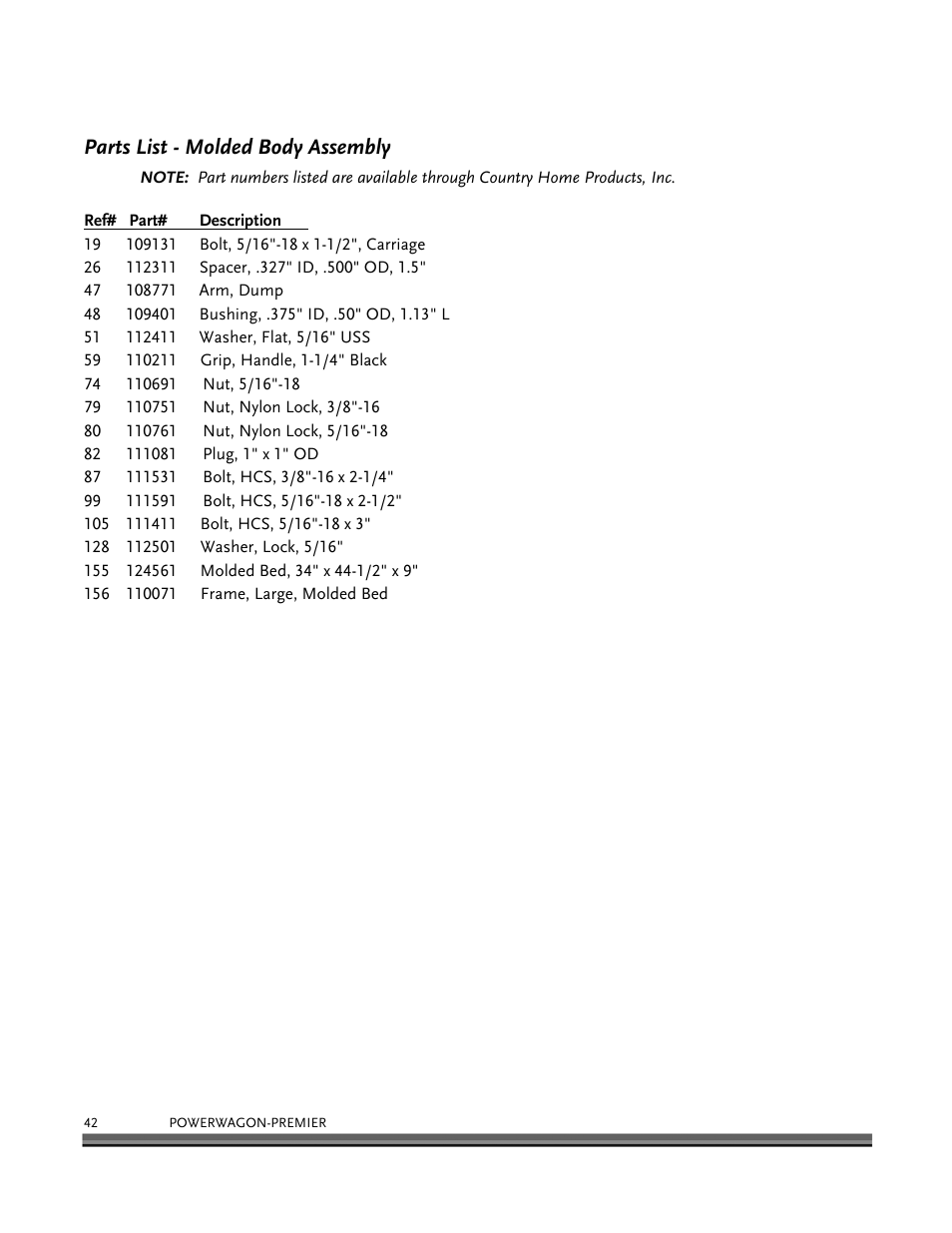 Parts list - molded body assembly | DR Power 6.25 Premier Power Wagon User Manual | Page 46 / 50
