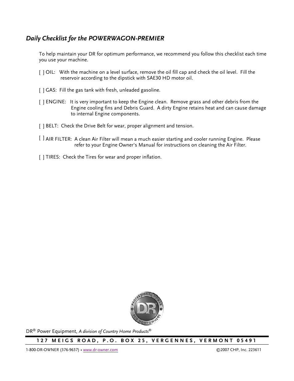Daily checklist for the powerwagon-premier | DR Power 6.25 Premier Power Wagon User Manual | Page 50 / 50