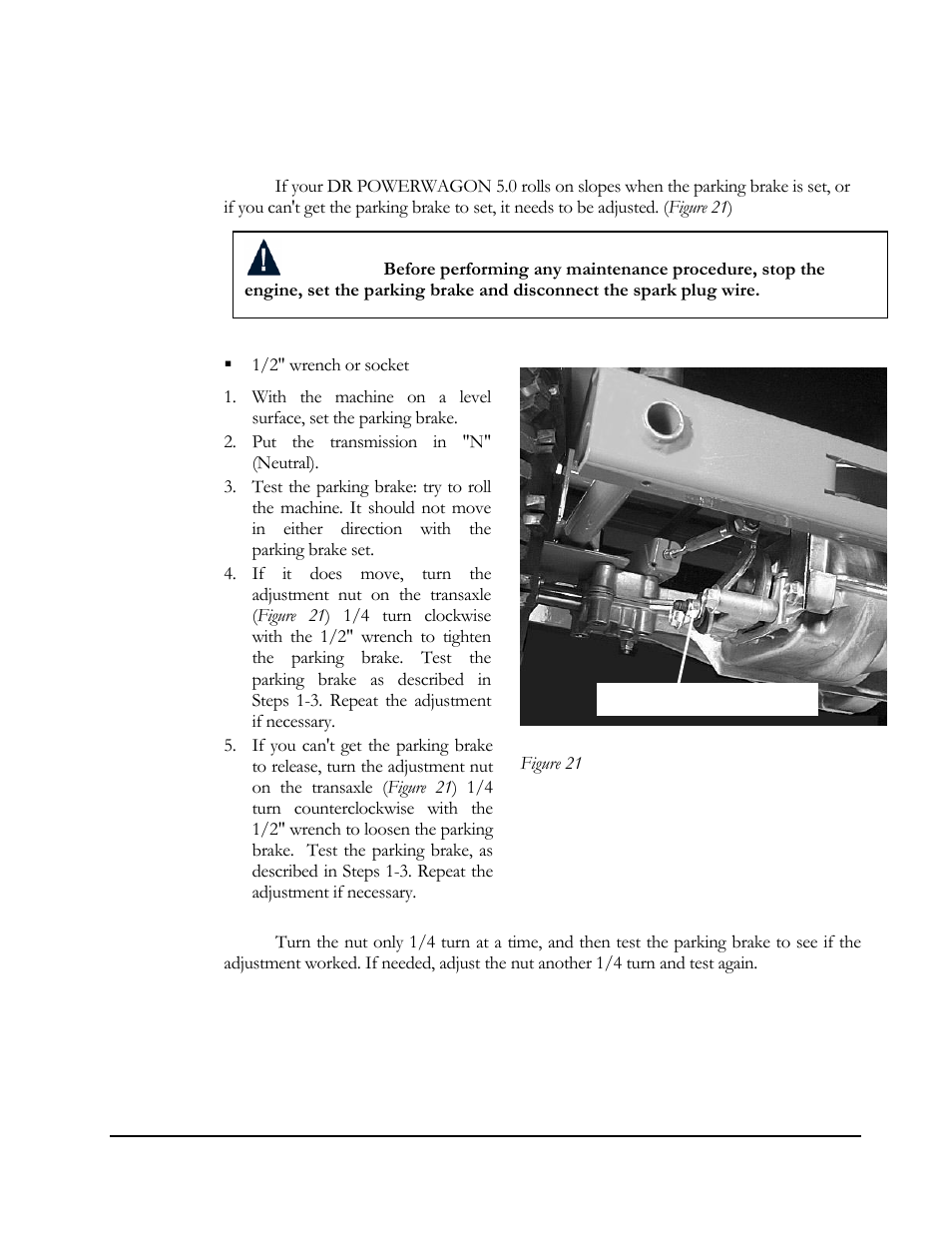 Adjusting the parking brake | DR Power 5.00 HP Power Wagon User Manual | Page 26 / 40
