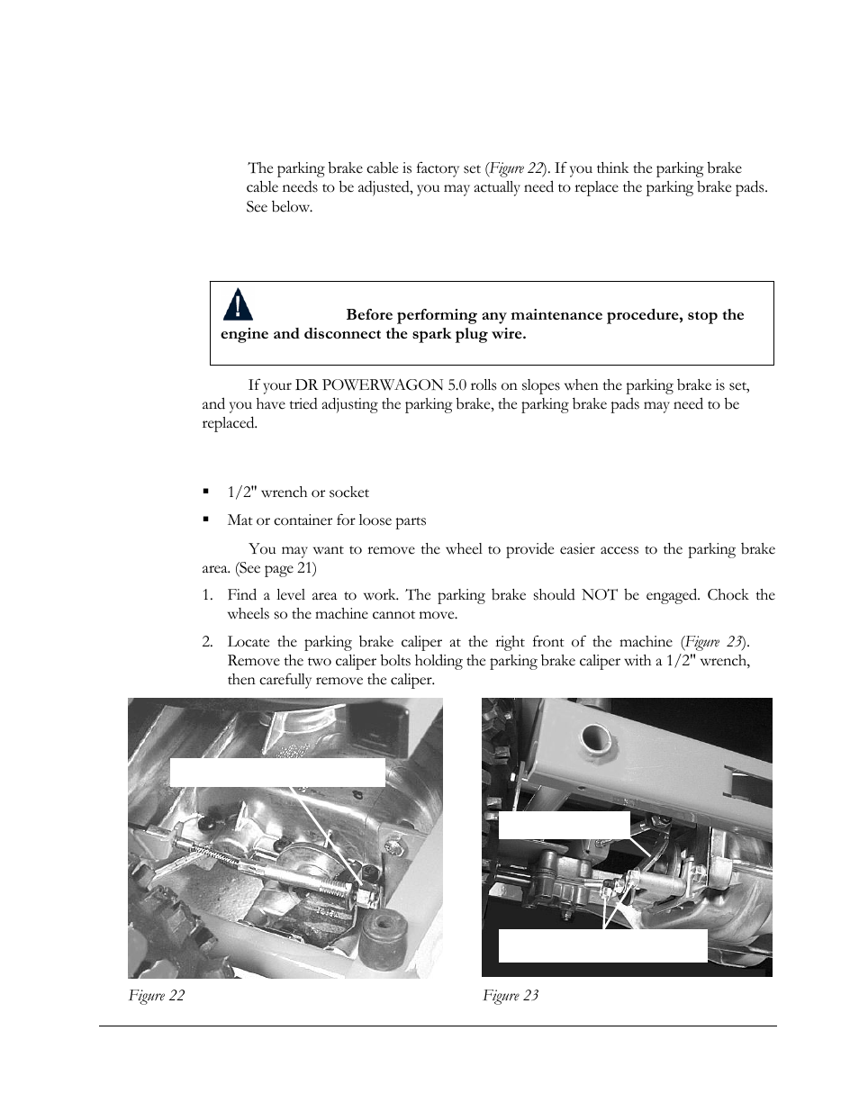 Parking brake cable adjustment, Changing the parking brake pads | DR Power 5.00 HP Power Wagon User Manual | Page 27 / 40