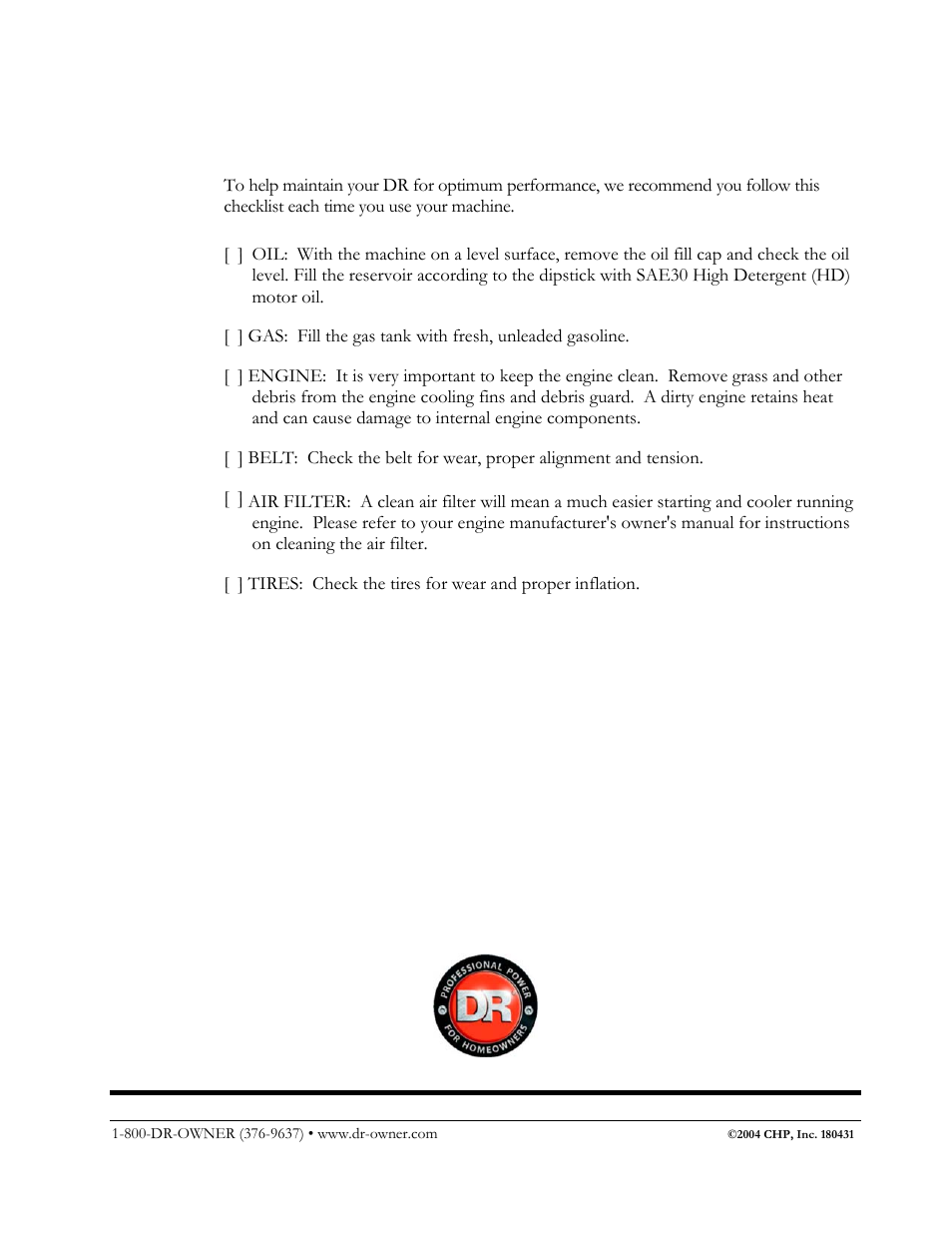 Daily checklist for the dr powerwagon 5.0 | DR Power 5.00 HP Power Wagon User Manual | Page 40 / 40