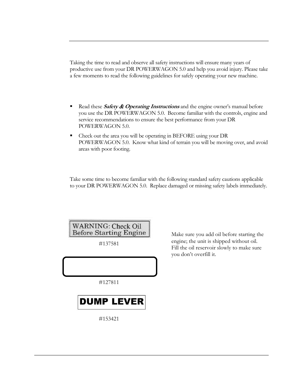 Chapter 2: safety considerations, Preparing to use the dr powerwagon 5.0, Safety information labels | Warning: add oil before starting engine | DR Power 5.00 HP Power Wagon User Manual | Page 5 / 40