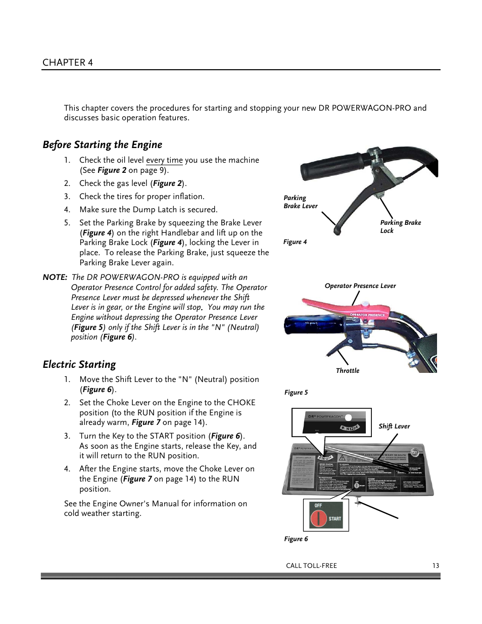 Operating your dr powerwagon-pro, Before starting the engine, Electric starting | DR Power 8.25 Pro Power Wagon (February 2007 - February 2009) User Manual | Page 17 / 54