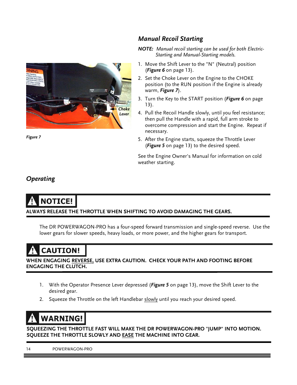 Manual recoil starting, Operating | DR Power 8.25 Pro Power Wagon (February 2007 - February 2009) User Manual | Page 18 / 54