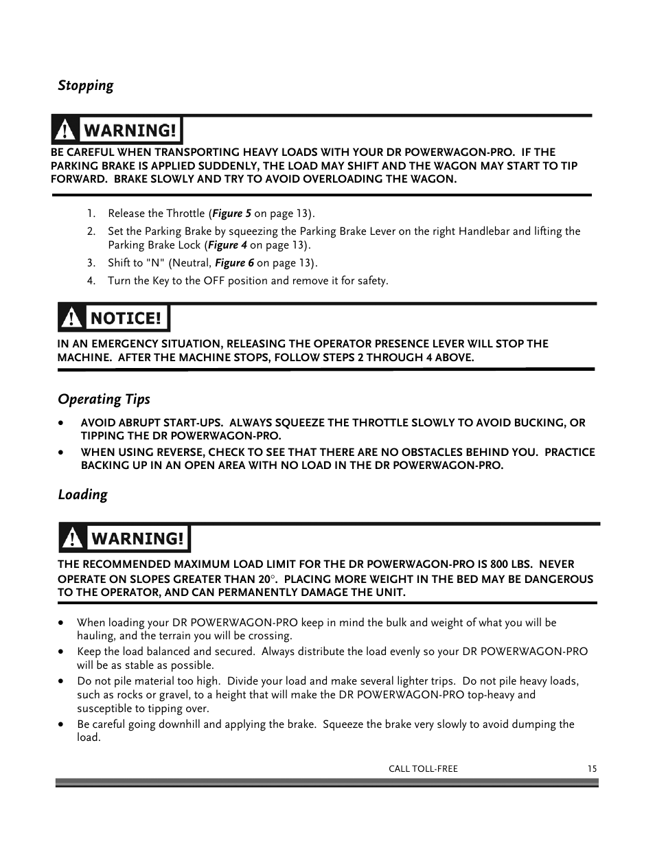 Stopping, Operating tips, Loading | DR Power 8.25 Pro Power Wagon (February 2007 - February 2009) User Manual | Page 19 / 54