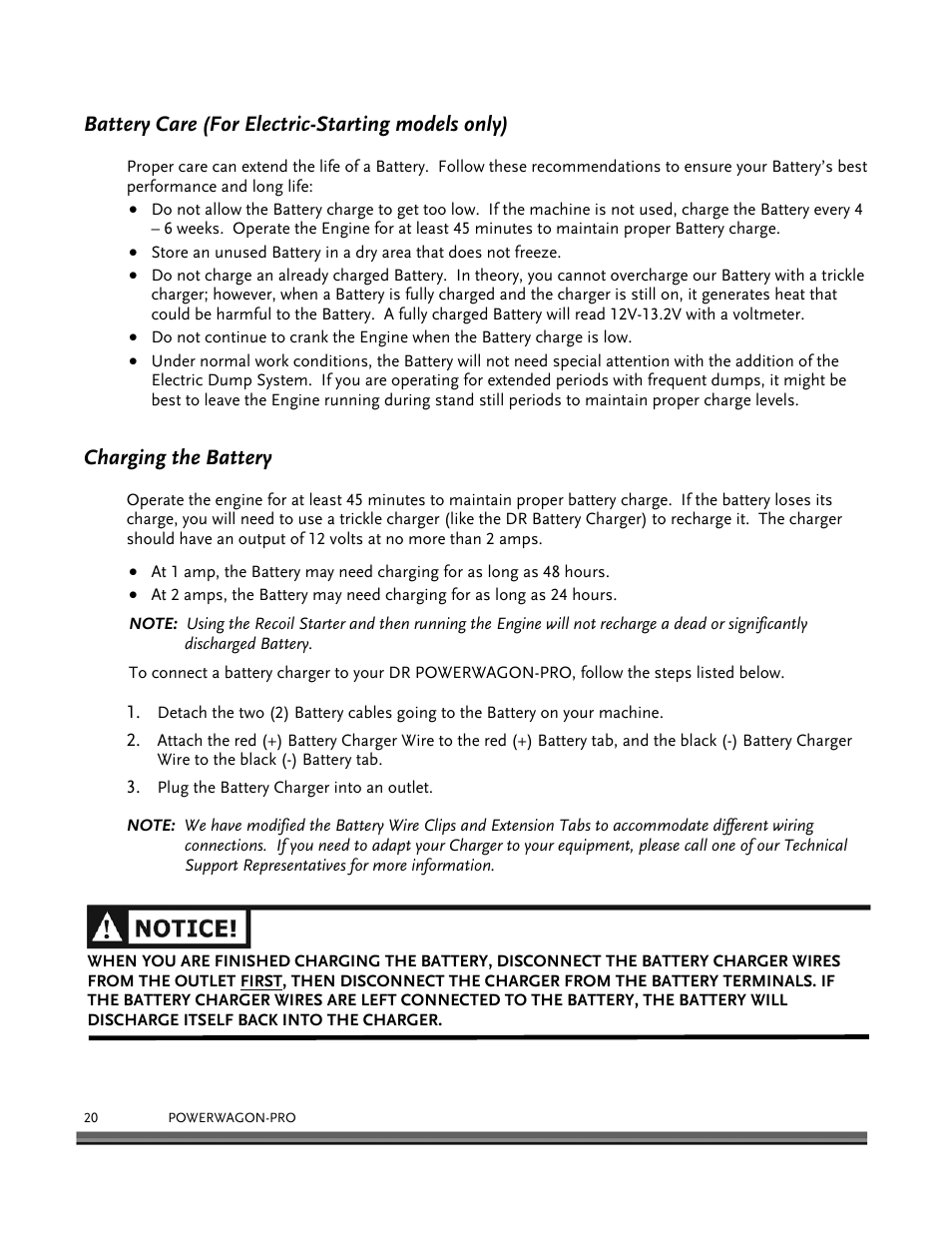 Battery care (for electric-starting models only), Charging the battery | DR Power 8.25 Pro Power Wagon (February 2007 - February 2009) User Manual | Page 24 / 54